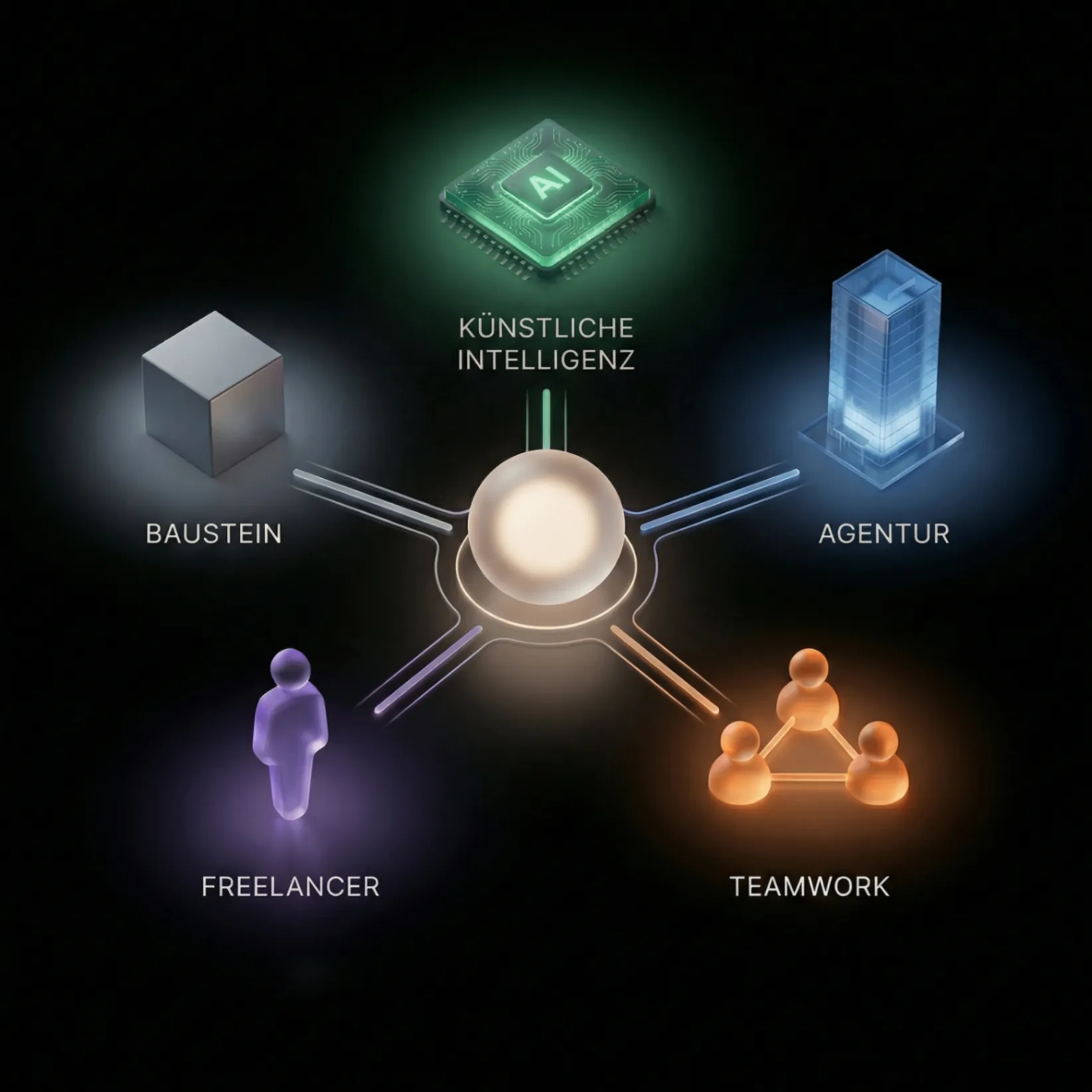 Website erstellen Vergleich: 5 Wege zur eigenen Website - Baukasten, Agentur, Freelancer, KI und Inhouse-Team als 3D-Illustration