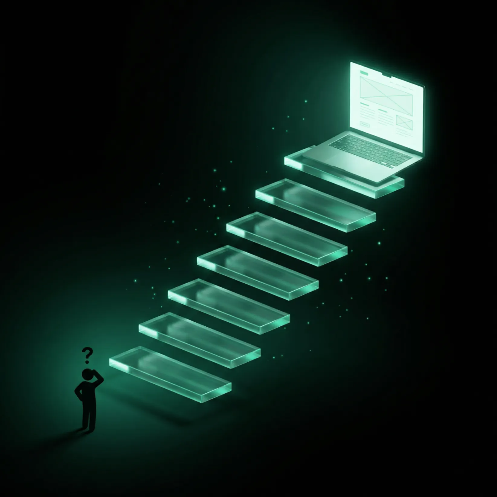 7-Stufen-Glastreppe zur ersten eigenen Website mit Laptop am Ziel - Website erstellen für Anfänger