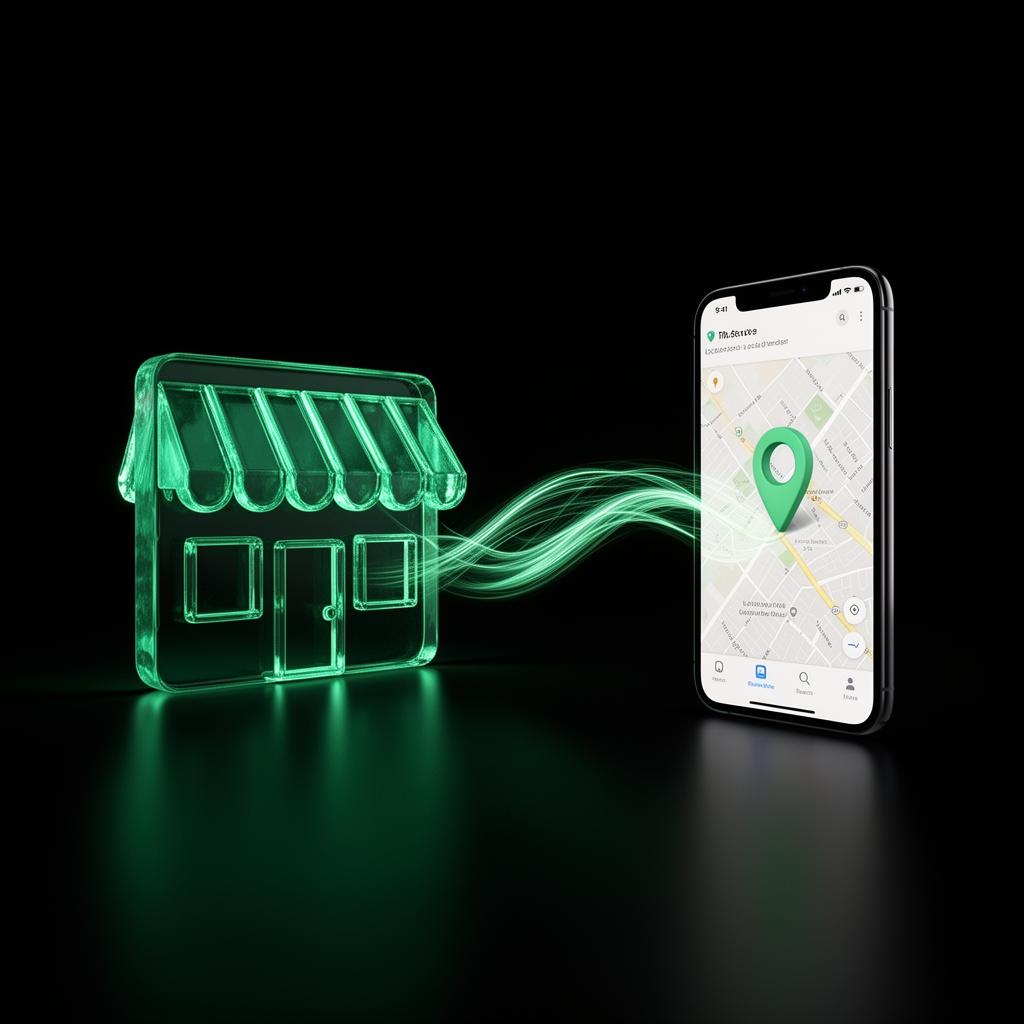 Lokales Geschäft wird online gefunden - Storefront Symbol verbunden mit Smartphone und Karte