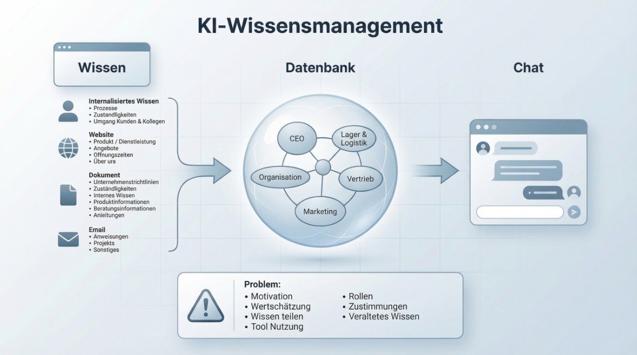 KI-Wissensmanagement Datenfluss: Wissen aus verschiedenen Quellen fließt in eine zentrale Datenbank und wird über ein Chat-Interface bereitgestellt